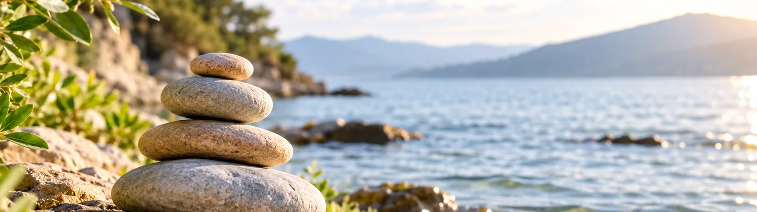 Pierres en equilibre au soleil levant, pour evoquer la reconstruction progressive